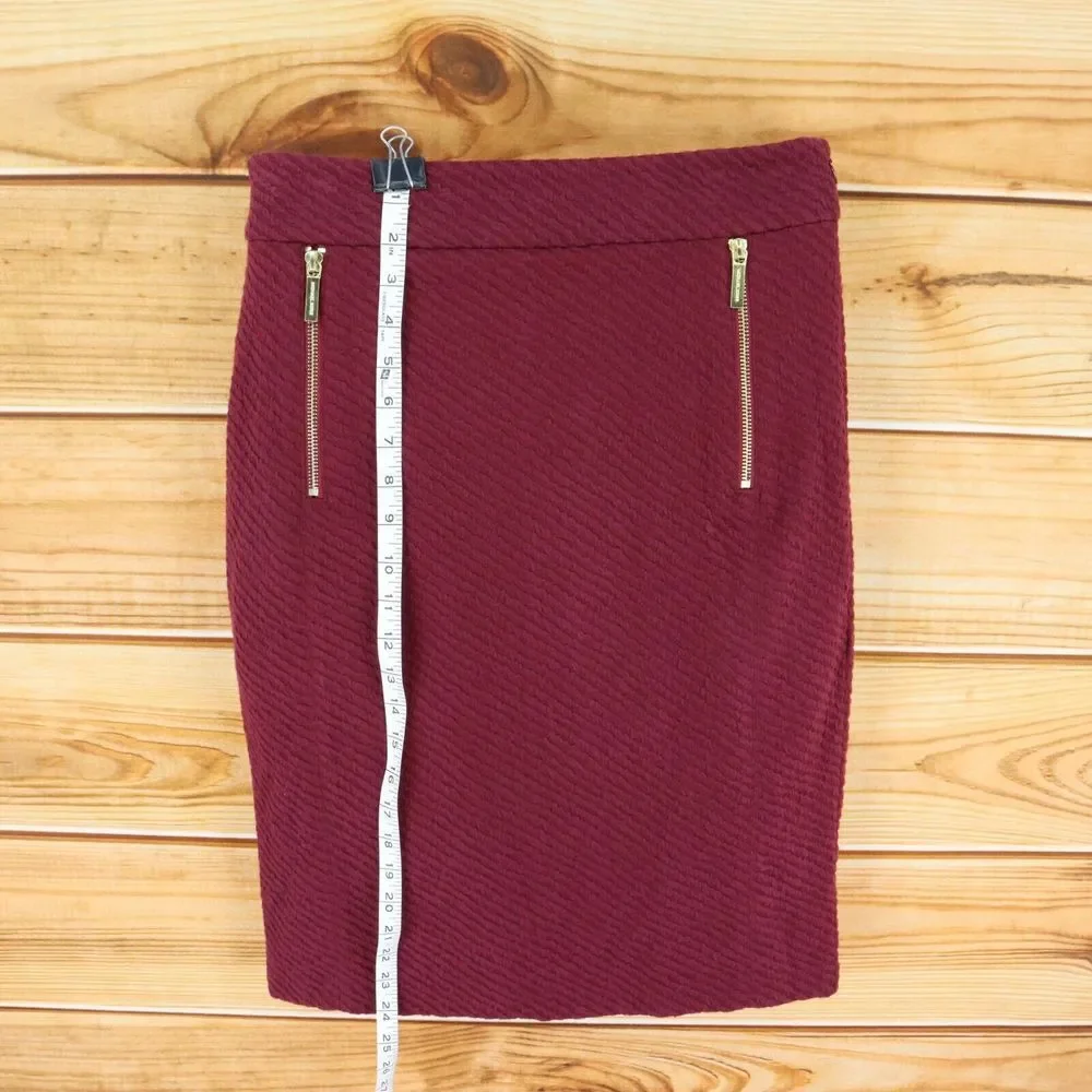 Michael‎ Kors Skirt Womens Size M Maroon Ribbed Cotton Blend Gold Zipper Accents